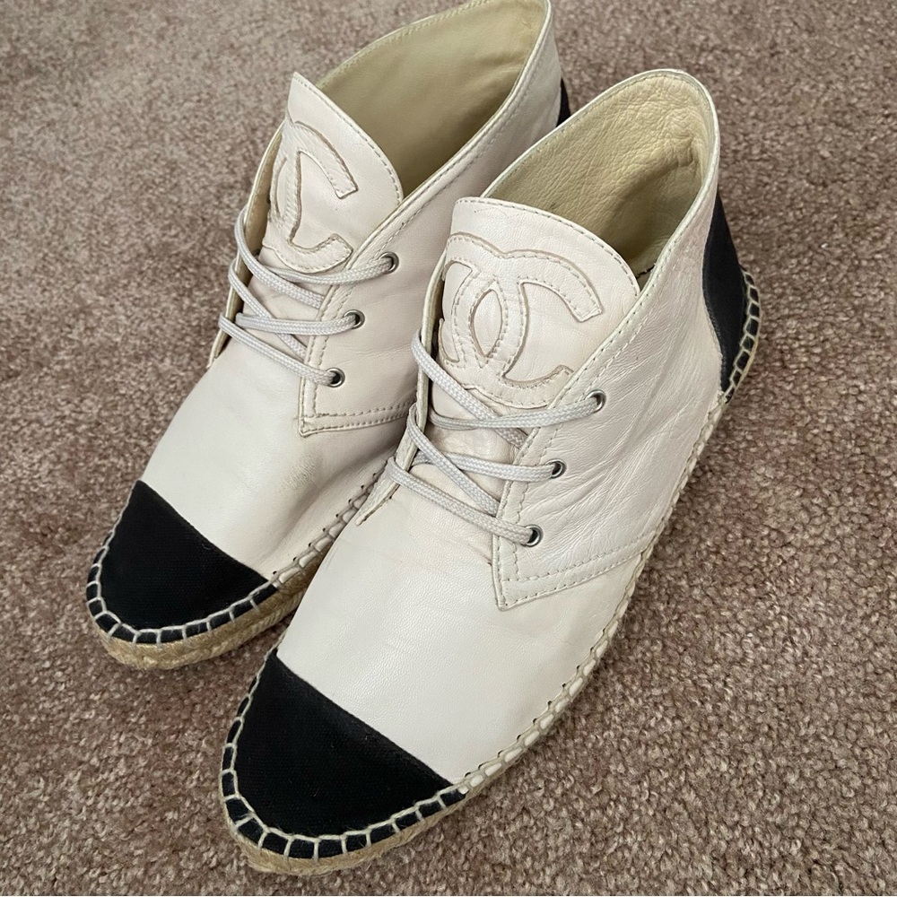 Chanel Two Tone Leather Canvas CC Logo Espadrille Lace Up High Top Sneakers